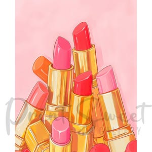 Può includere: Un gruppo di tubetti di rossetto dorati con rossetto rosa, rosso e arancione all'interno. I rossetti sono disposti in una pila, con alcuni di essi parzialmente visibili.