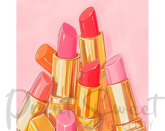 May include: A group of gold lipstick tubes with pink, red, and orange lipstick inside. The lipsticks are arranged in a pile, with some of them partially visible.