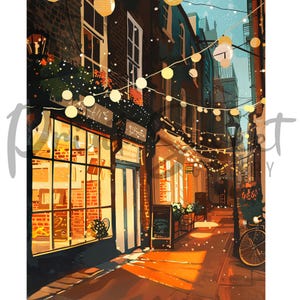 May include: An artistic illustration of a European street scene at dusk. The image features a row of buildings with shops and restaurants, illuminated by string lights and warm interior lighting. A bicycle leans against a lamppost.