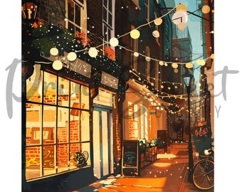London Soho street with lights,British landmarks artwork,London themed digital print,England city illustration,Vintage London poster