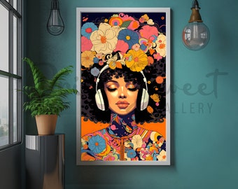 Three posters of afro girls, afro girl painting,poster afro girl, afro girl with headphones, neo pop art woman with flowers