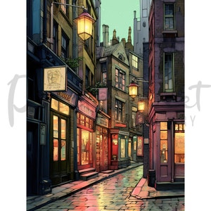 May include: A narrow, cobblestone street lined with buildings in a fantasy setting. The buildings have signs with text that reads "TOWERS" and "EYES OF EGYPT". The street is lit by gas lamps and the sky is a soft green.