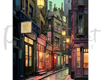 London Soho street with lights,British landmarks artwork,London themed digital print,England city illustration,Vintage London poster