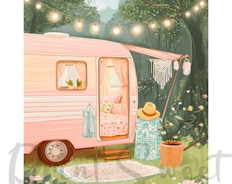 Illustration of the exterior of a vintage caravan, adorned with soft, bohemian details, vintage caravan illustration,boho camper art