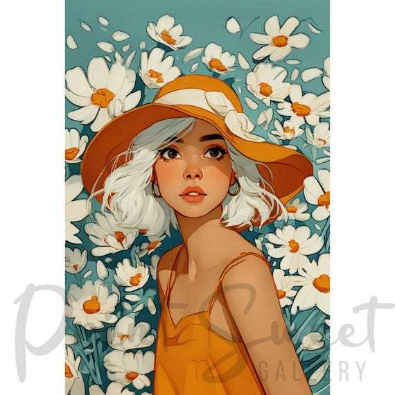 Sunny Daisy Girl Cartoon Portrait Digital Wall Art Printable - Etsy