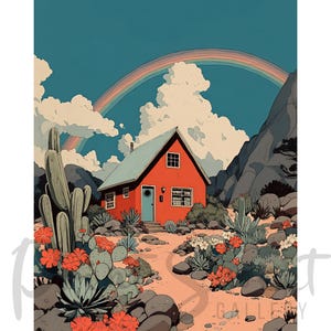 Whimsical Desert House Digital Print with Cacti and Rainbow – Succulent Wall Art Download