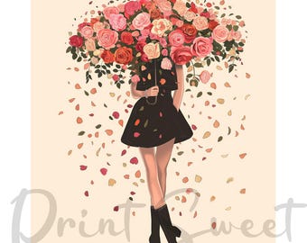 girl with floral umbrella art,summer floral girl illustration,colorful umbrella girl print
