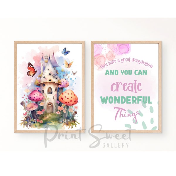 Pink fairy house,Decorative poster with printable positive phrases for a child's bedroom,Downloadable fantasy pictures for children