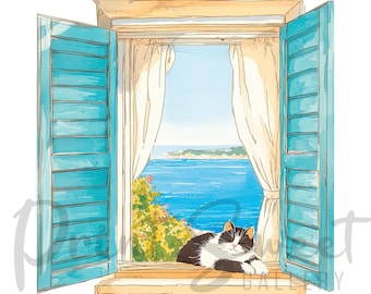青い窓の猫のプリント、白黒の窓の猫のアート、海辺の窓のイラスト