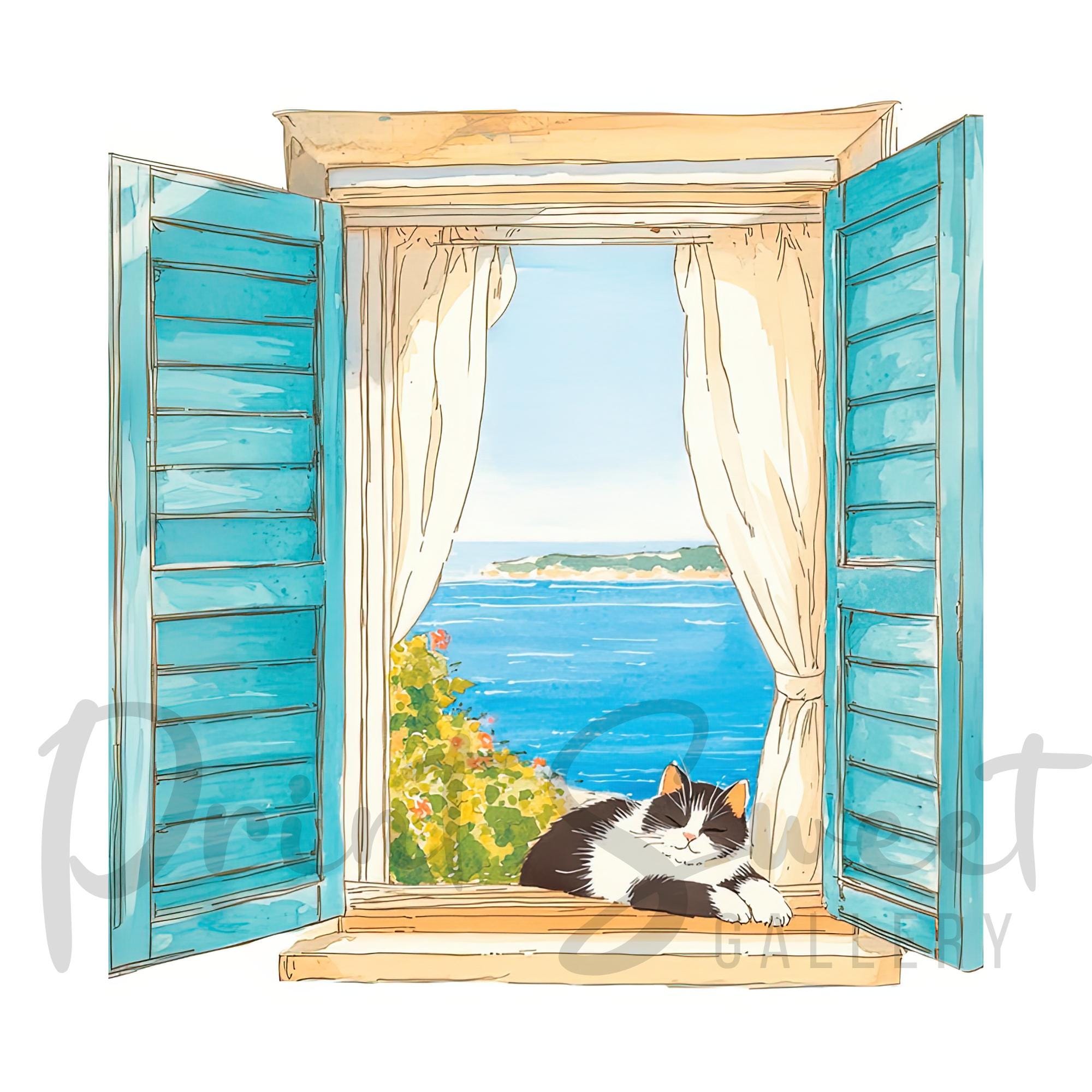 青い窓の猫のプリント、白黒の窓の猫のアート、海辺の窓のイラスト