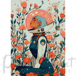 Dreamy Space Girl in Floral Field – Retro Futuristic Digital Art Print for Wall Decor