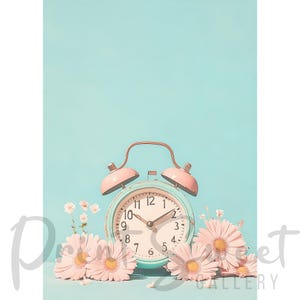 Illustration of an alarm clock with pink flowers on a blue pastel background, alarm clock with flowers illustration, pastel alarm clock art