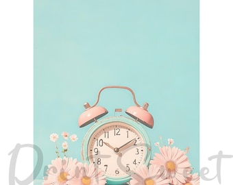 Ilustración de un despertador con flores rosas sobre un fondo azul pastel, ilustración de despertador con flores, arte de despertador pastel