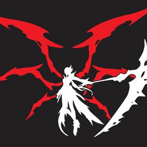 May include: A white silhouette of a figure with long hair and a flowing robe holding a large scythe, set against a black background with a red, jagged, abstract design.