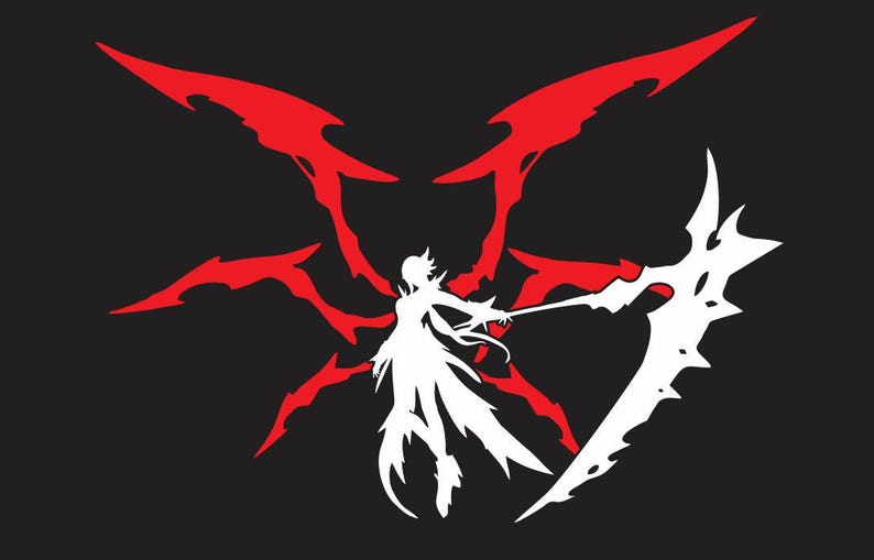 May include: A white silhouette of a figure with long hair and a flowing robe holding a large scythe, set against a black background with a red, jagged, abstract design.
