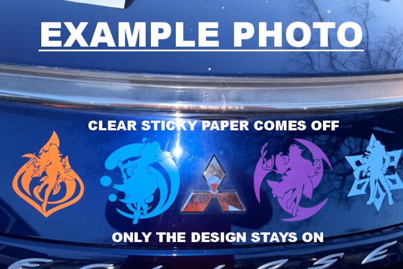 May include: Four different vinyl decals on a blue car. The decals are in the shapes of a star, a crescent moon, a circle, and a flame. The text "CLEAR STICKY PAPER COMES OFF" and "ONLY THE DESIGN STAYS ON" is visible on the car.