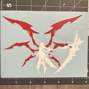 May include: A white silhouette of a person with wings and a weapon, against a red background. The person is standing with their arms outstretched, holding a weapon in one hand. The wings are spread out behind them, and the weapon is pointed forward. The background is a solid red colour.