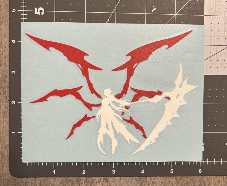 May include: A white silhouette of a person with wings and a weapon, against a red background. The person is standing with their arms outstretched, holding a weapon in one hand. The wings are spread out behind them, and the weapon is pointed forward. The background is a solid red colour.