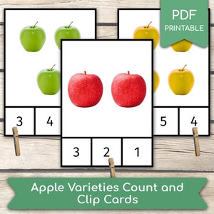Contando variedades de maçã (1 a 10), cartões Montessori, atividade de contagem pré-escolar, atividade de aprendizagem em casa, cartões de clipes para impressão em PDF