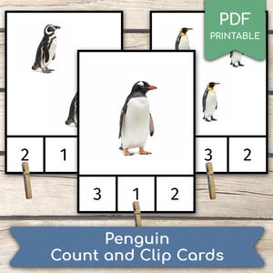 Op de afbeelding: Printbare educatieve kaarten met pinguïn illustraties. Elke kaart heeft een pinguïn afbeelding en cijfers voor het oefenen van tellen. Inclusief een PDF printbaar met de tekst "PDF Printable" en een blauwe banner met "Penguin Count and Clip Cards".