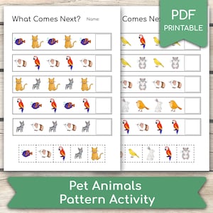 May include: Printable worksheet with a pattern activity for children. The worksheet features a variety of pet animals, including cats, dogs, hamsters, birds, and fish. The activity asks children to identify the next animal in the pattern.