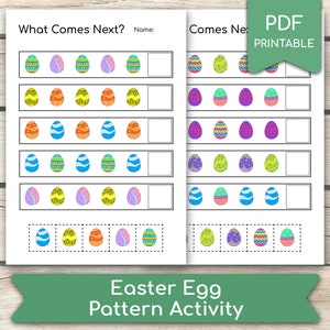 May include: Printable Easter egg pattern activity worksheet.  The worksheet has five rows of colorful Easter eggs with different patterns.  Each row has a blank space for the child to draw the next egg in the pattern.  The worksheet says "What Comes Next?" at the top.