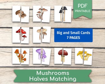 May include: A set of illustrated mushroom matching cards. The cards are split in half, with various mushroom illustrations. Text on the image includes "PDF Printable", "Big and Small Cards 7 Pages", and "Mushrooms Halves Matching".