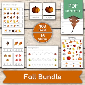 Könnte beinhalten: Eine Sammlung von druckbaren Lernaktivitäten zum Thema Herbst. Das Bundle enthält Seiten mit Kürbissen, Blättern und anderen herbstlichen Elementen. Der Text auf dem Bild lautet "Fall Bundle", "103 Seiten" und "16 Aktivitäten".