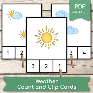 Contagem do tempo de 1 a 10, cartões Montessori, atividade de contagem pré-escolar, atividade de aprendizagem em casa, cartões de clipe para impressão em PDF