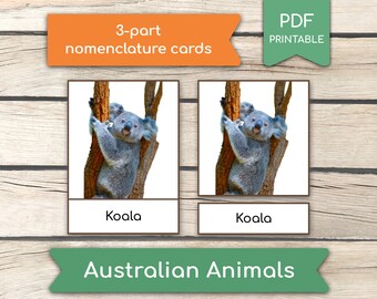 ANIMALES AUSTRALIANOS • 14 Tarjetas Montessori de Animales, Tarjetas de 3 Partes, Tarjetas de Nomenclatura, Tarjetas Imprimibles en PDF, Juguetes Preescolares