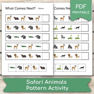 WAT VOLGT? Safari dieren werkblad, patroonactiviteit, educatieve kleuterschool, kleuterschool, thuisschool, drukke boekpagina's, pdf afdrukbaar