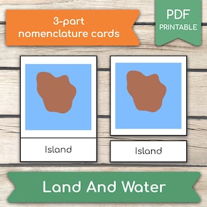 Tarjetas Montessori TIERRA Y AGUA, Tarjetas Flash, Tarjetas Flash de Nomenclatura, Actividad de Aprendizaje en el Hogar, Tarjetas de Tres Partes Imprimibles en Pdf