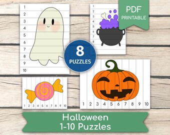 Puzzle di Halloween 1-10, attività di Halloween, puzzle di Halloween, puzzle per bambini, sequenza numerica, pagine di libri impegnativi, PDF stampabili
