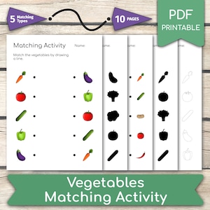 Vegetables Matching Activity 5 Different Types Worksheet • 10 Pages, Preschool Education, Homeschool, Kindergarten, Busy Book Pages