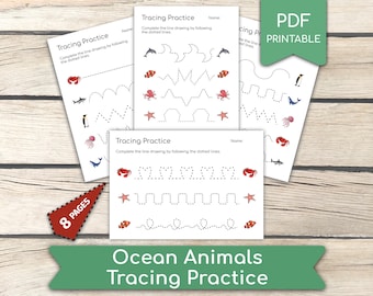 Preschool Line Tracing Practice, Ocean Animals  Pre-Writing Activities • 8 Pages Preschool Handwriting, Homeschool, Preschool Curriculum