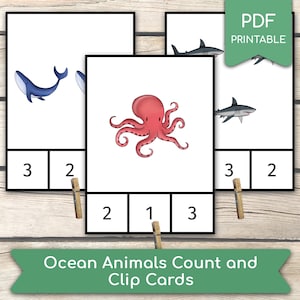 Counting Ocean Animals 1 to 10 Montessori Cards Preschool Counting Activity, Homeschool Learning Activity, PDF Printable Clip Cards