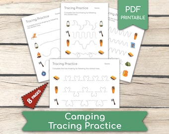 Preschool Line Tracing Practice, Camping Pre-Writing Activities • 8 Pages, Preschool Handwriting, Homeschool Activity, Pdf Printables