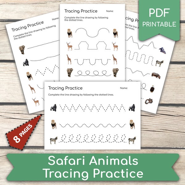 Preschool Line Tracing Practice, Safari Animals (Real Pictures) Pre-Writing Activities • 8 Pages, Preschool Handwriting, Homeschool Activity