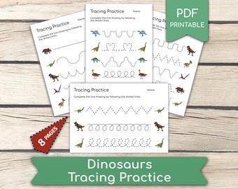 Preschool Line Tracing Practice, Dinosaurs Pre-Writing Activities • 8 Pages Preschool Handwriting, Homeschool Activity, Preschool Curriculum