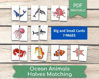 海の動物の半分をマッチングするゲーム：幼児向け学習アクティビティ（PDF印刷可能）