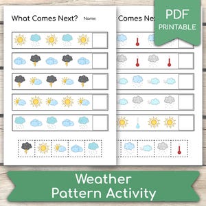 May include: A printable worksheet with weather patterns for kids to complete. The worksheet has six rows of weather icons, including sun, clouds, rain, lightning, and thermometers. The worksheet is titled "What Comes Next?" and "Comes Next".