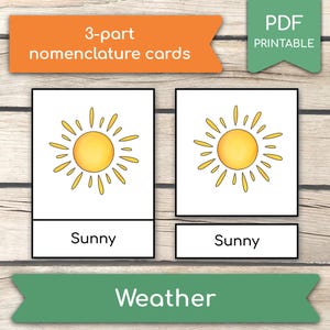 Clima • 10 Cartões Montessori de Clima, Clima para Pré-escola, Cartões de 3 Partes, FlashCards de Nomenclatura, Cartões PDF para Impressão, Brinquedos Pré-escolares