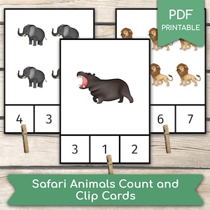 Safari-Tiere zählen 1 bis 10 Montessori-Karten Vorschule Zählaktivität, Lernaktivität zu Hause, PDF druckbare Clipkarten