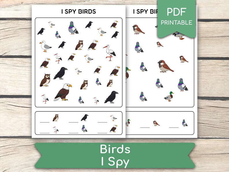 May include: Two printable "I Spy Birds" activity sheets. The sheets feature various bird illustrations, including eagles, owls, and pigeons, with spaces for counting. A green banner at the bottom reads "Birds I Spy". A PDF printable label is in the top right corner.
