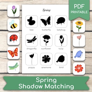 May include: A printable PDF titled "Spring Shadow Matching" featuring colorful illustrations of spring elements like a bee, butterfly, and ladybug, alongside their black silhouette counterparts. The image is set against a wooden background.