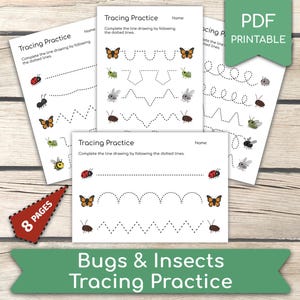 May include: A collection of printable tracing practice sheets featuring bugs and insects. Each sheet has dotted lines for tracing, with illustrations of butterflies, ladybugs, and bees. The image includes a red tag that says "8 Pages".