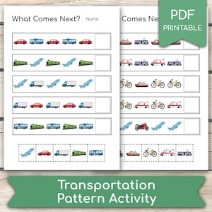 Könnte beinhalten: Ein druckbares PDF-Arbeitsblatt mit Transportmustern. Das Blatt zeigt Reihen von Fahrzeugen wie Autos, Zügen, Flugzeugen und Lastwagen. Der Text "What Comes Next?" und "Transportation Pattern Activity" sind sichtbar.