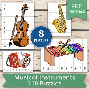 May include: A collection of printable musical instrument puzzles, including a violin, saxophone, accordion, and xylophone. Each puzzle is divided into 10 numbered sections. The image also includes the text "Musical Instruments 1-10 Puzzles."
