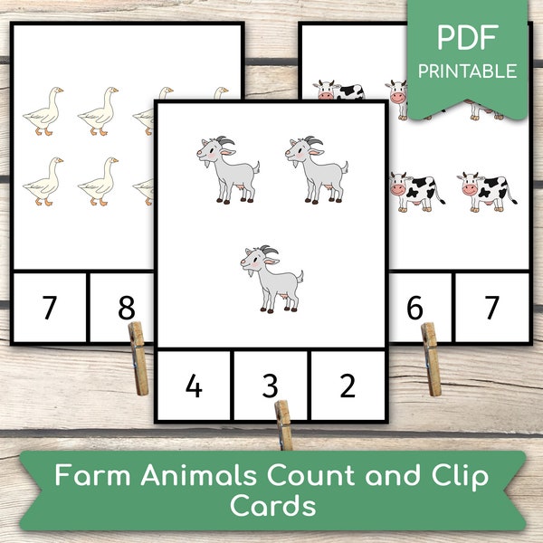 Counting Farm Animals (1 to 10), Montessori Cards, Preschool Counting Activity, Homeschool Learning Activity, PDF Printable Clip Cards