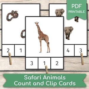 Zählen von Safari-Tieren (Echte Bilder) 1 bis 10 Montessori-Karten Vorschul-Zählaktivität, Lernaktivität für zu Hause, PDF zum Ausdrucken